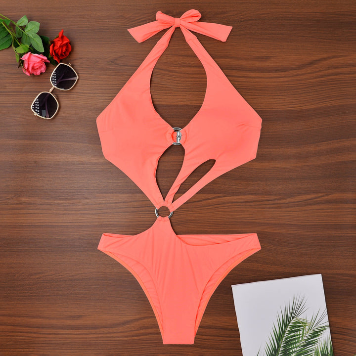 Solid Color Hollow Out O-Ring One Piece Swimsuit