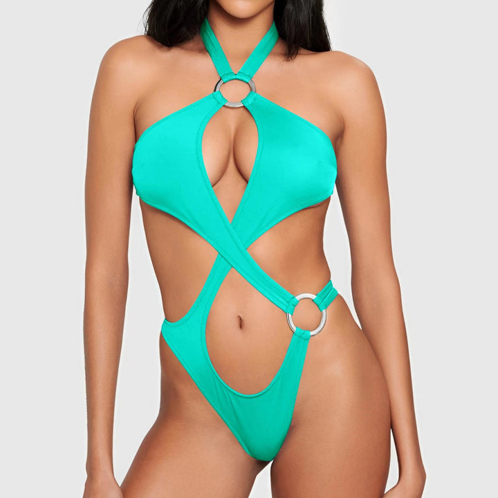 Sexy Solid Color Hollow Out O-Ring One-Piece Swimsuit