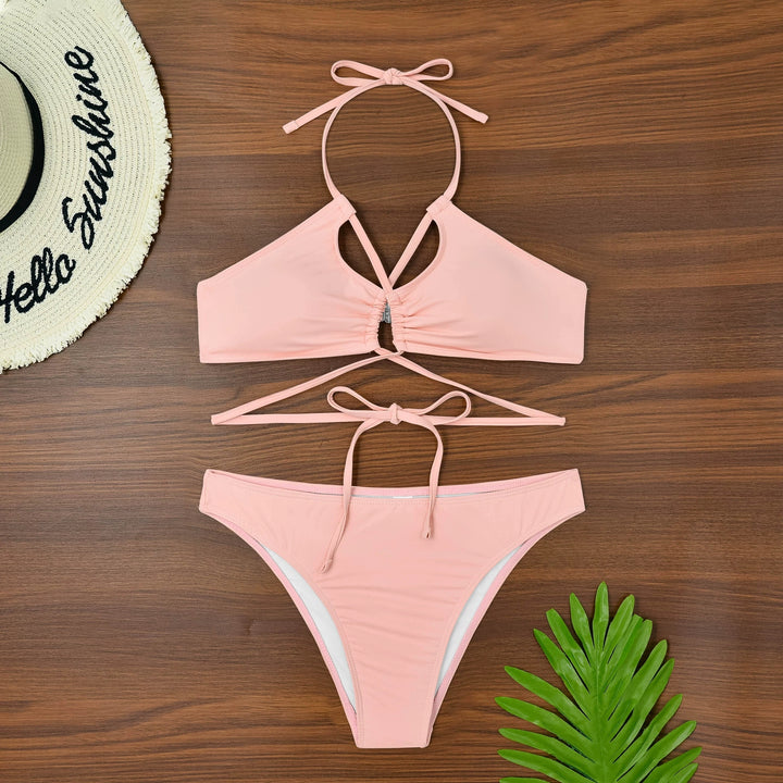 Solid Color Hollow Out Cross-Strap Bikini