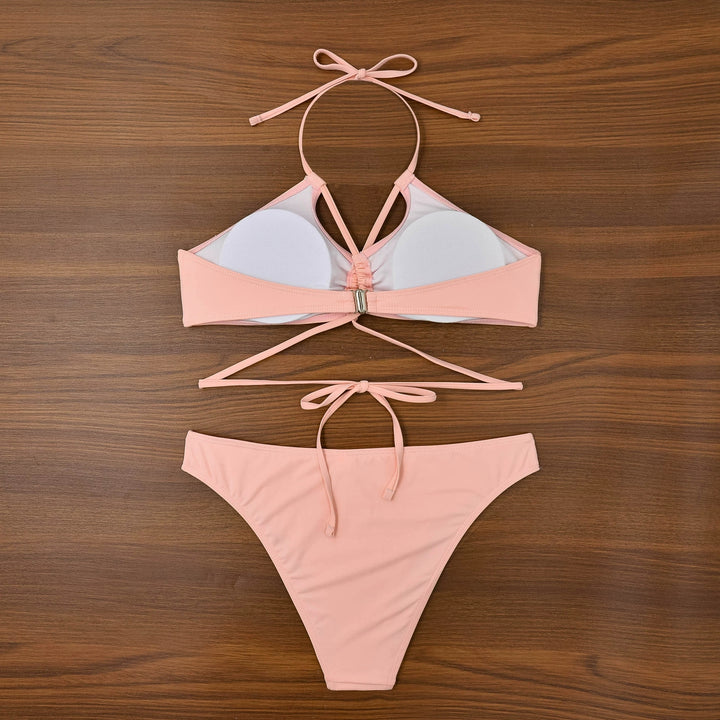 Solid Color Hollow Out Cross-Strap Bikini