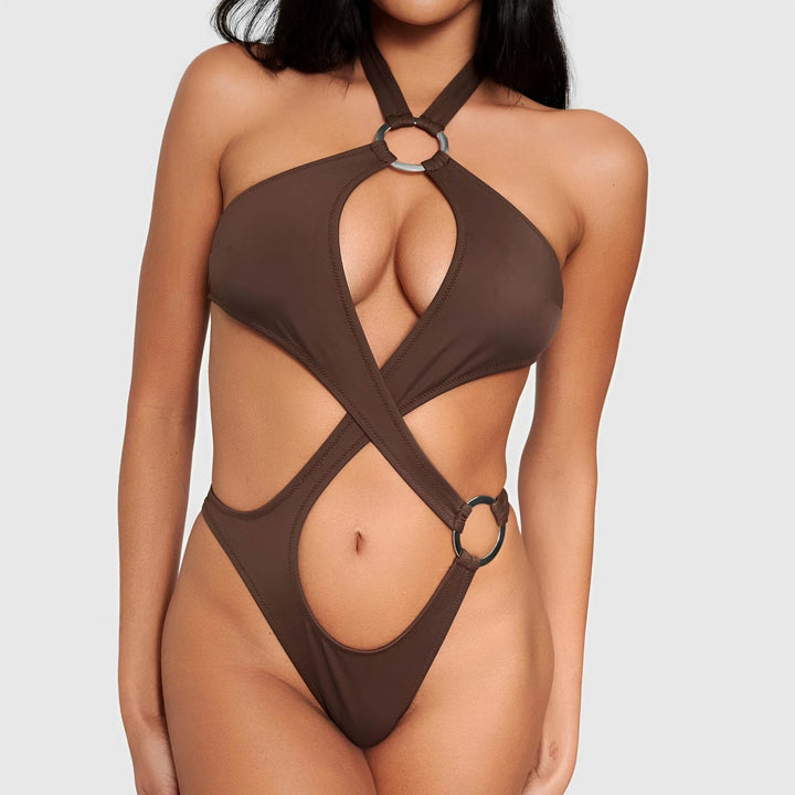 Sexy Solid Color Hollow Out O-Ring One-Piece Swimsuit